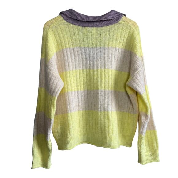 French Paris Yellow & Cream Striped Purple Collared Knit Sweater Size Medium - Picture 4 of 6